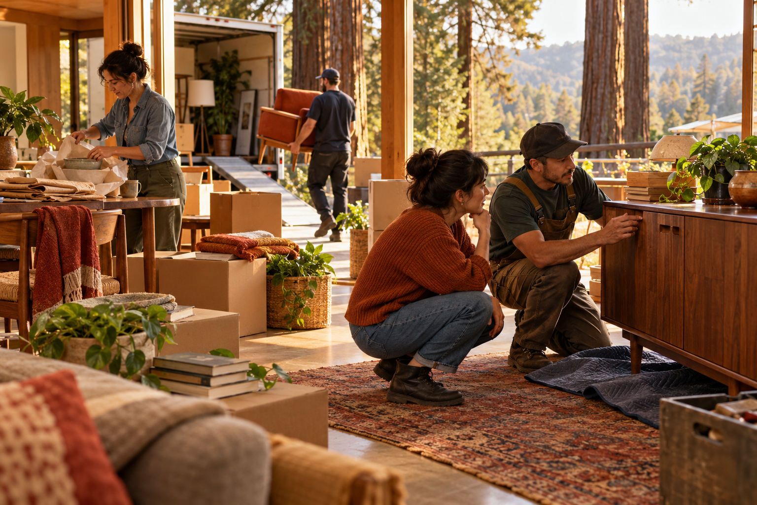 Concept image of a household preparing a move while reusable furniture is assessed