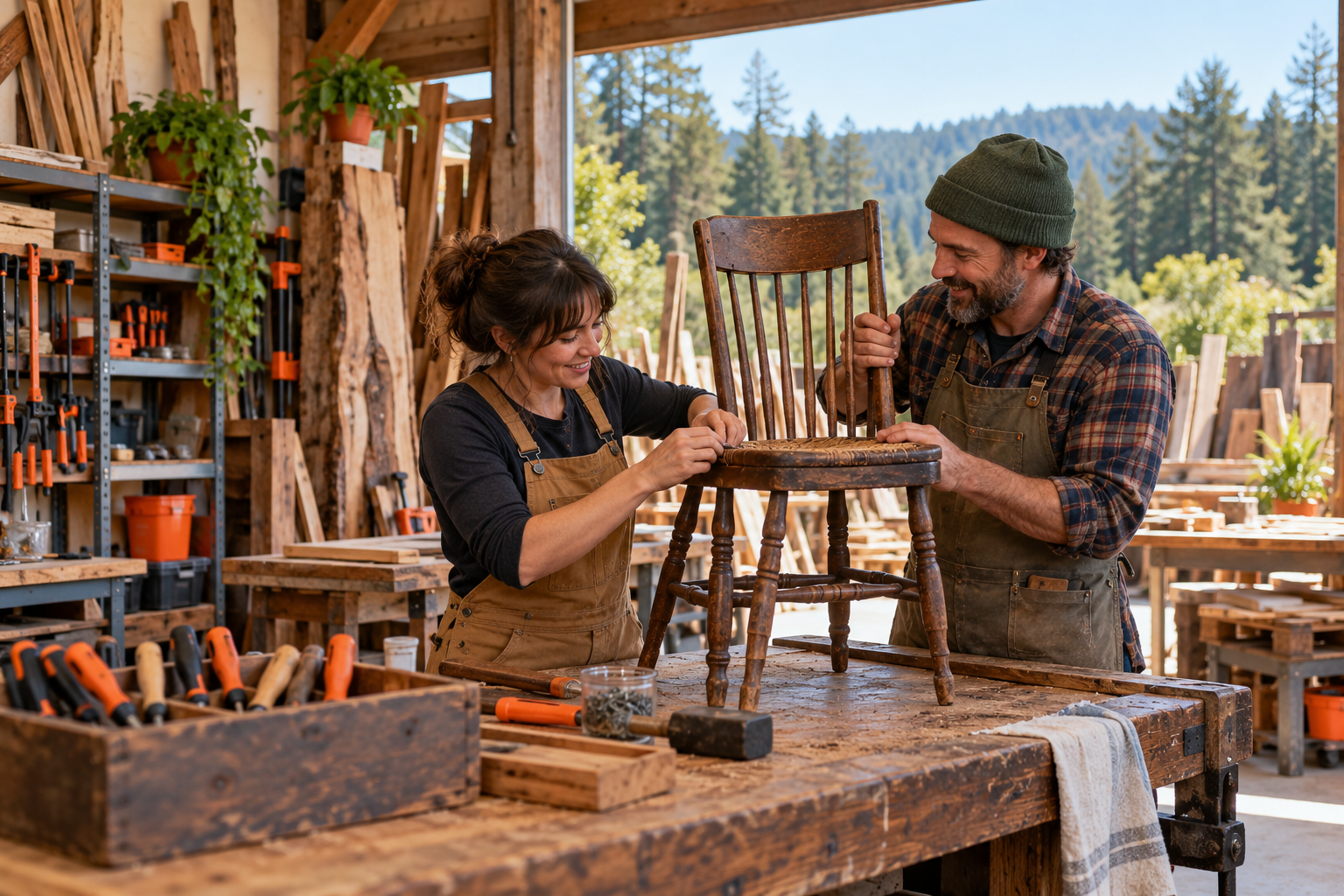 Illustrative community workshop with neighbors repairing a chair